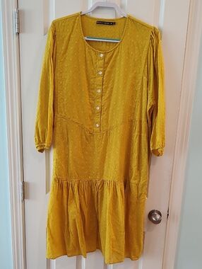 Gudrun Sjoden Mustard Yellow Textured Button-Front Long Sleeve Dress